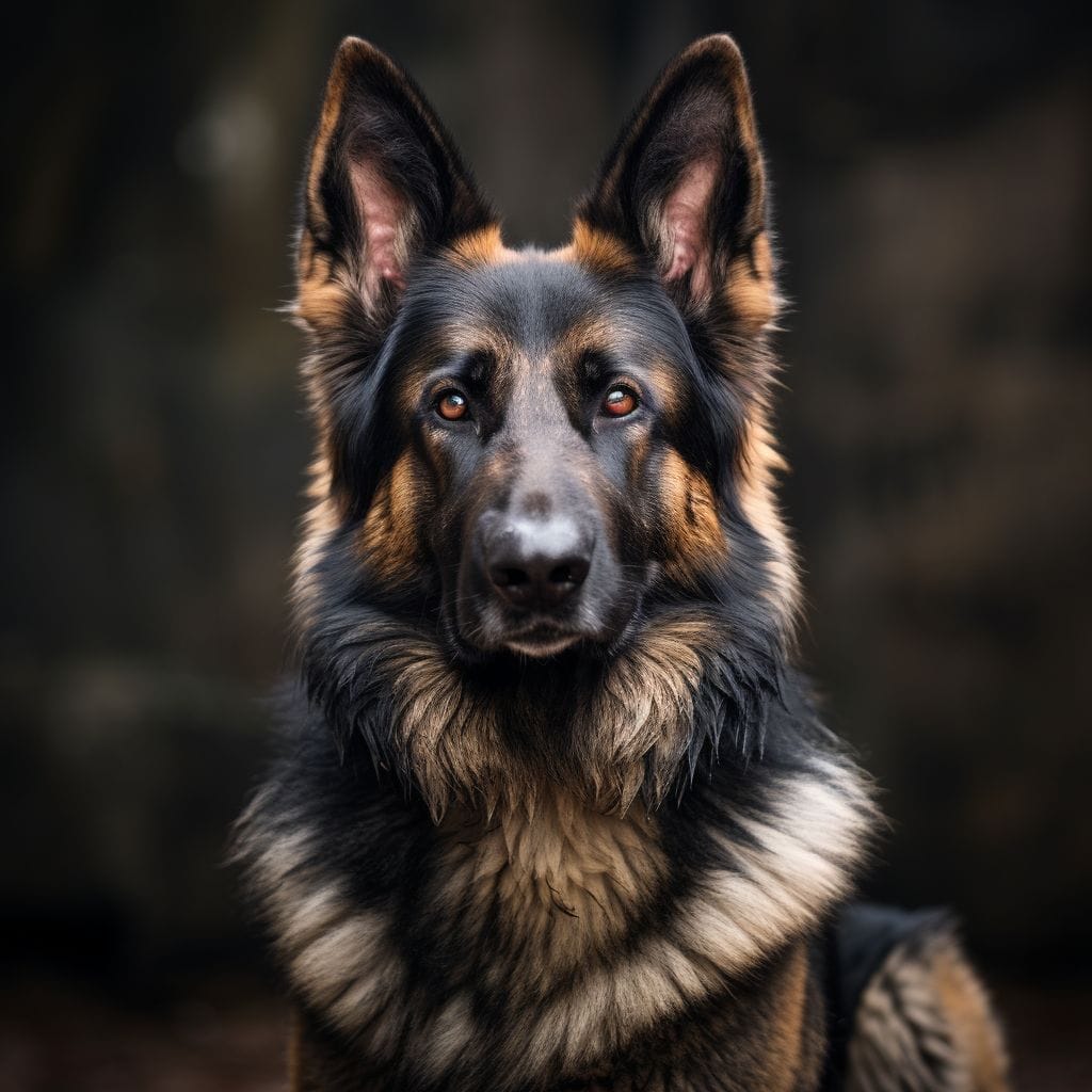 A german shepherd dog is sitting in front of a dark background at home.