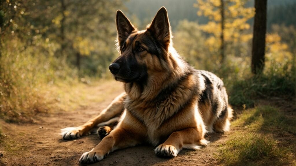 A Double-Coated German Shepherd dog is laying on a dirt path.