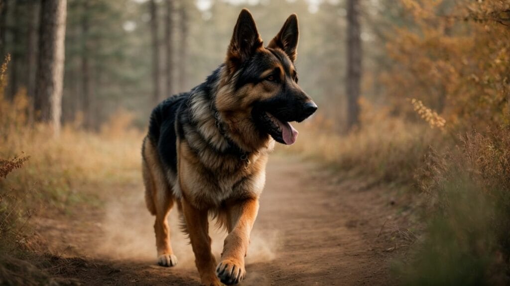 An Easy to Train German Shepherd gracefully running through the woods.
