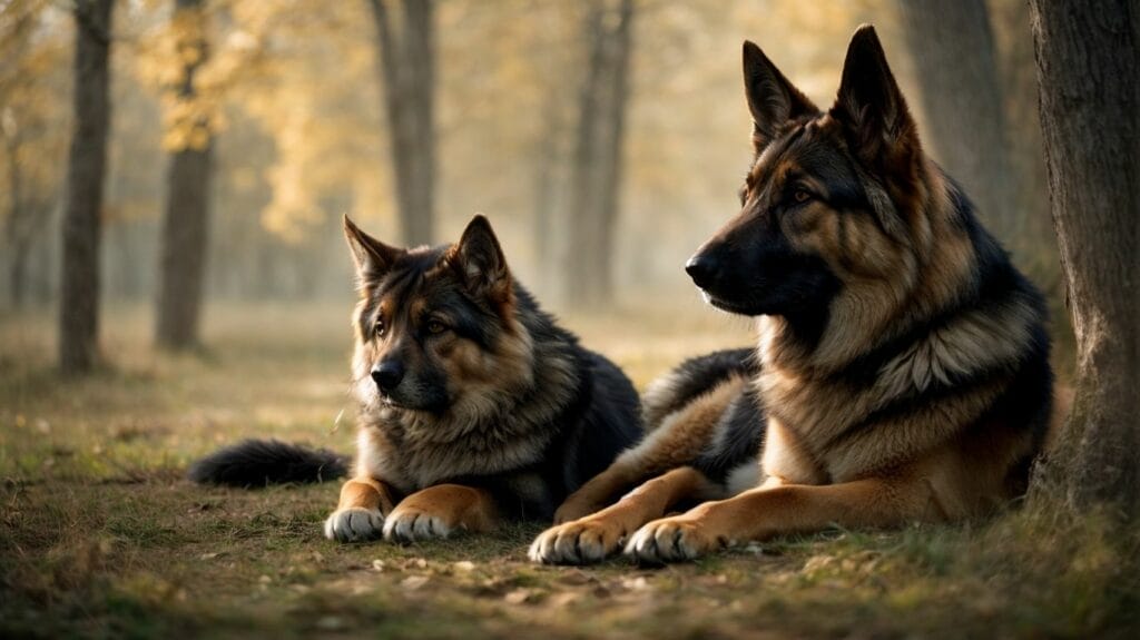 Two German Shepherd dogs peacefully laying in the woods.