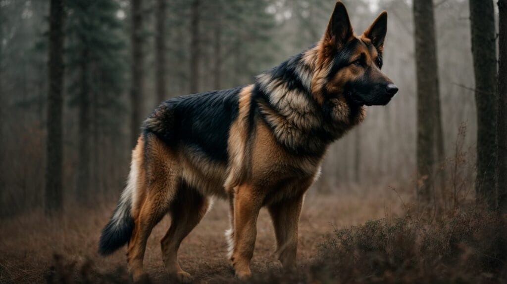 German Shepherd, standing in the forest.