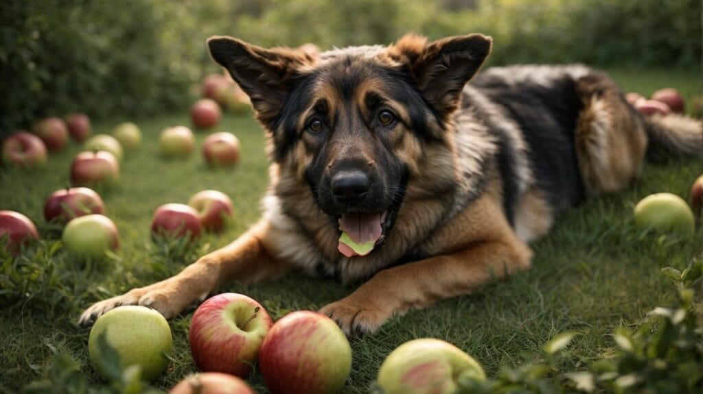 A German Shepherd dog peacefully resting on the grass surrounded by apples.