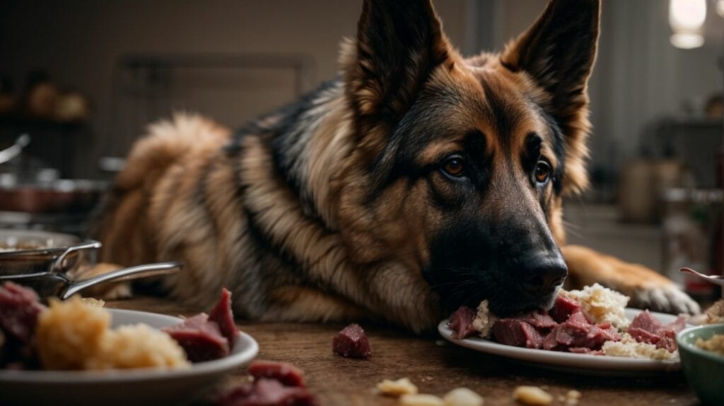 A German Shepherd devours a plate of raw meat.