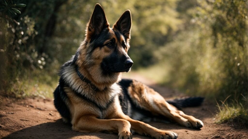 A German shepherd dog is lounging on a dirt road, perfectly content with its outdoor living.