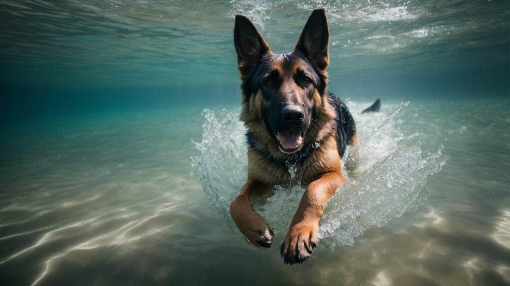A German Shepherd dog gracefully swimming under the water.