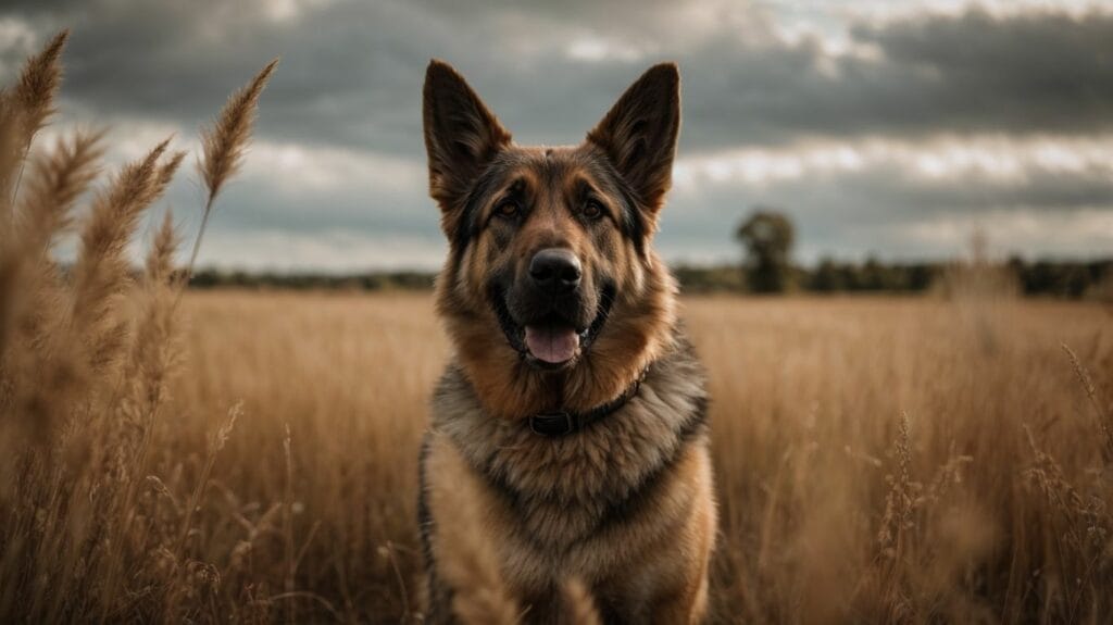 A lot of German Shepherds standing in a field, some barking.