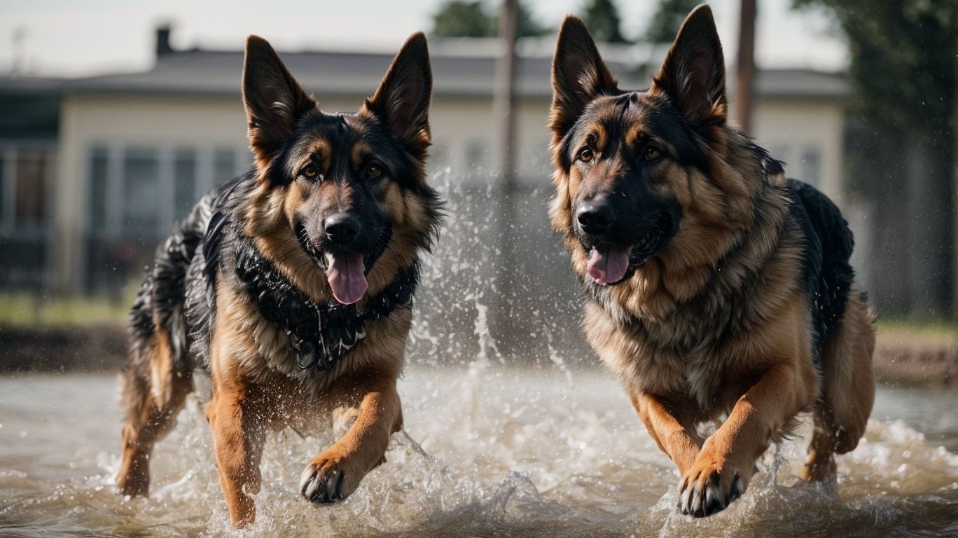 Two German Shepherds with webbed feet running in the water.