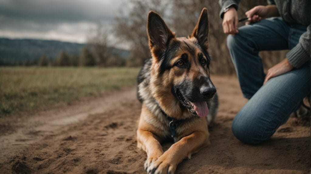 A person is petting a German Shepherd dog on a dirt road.