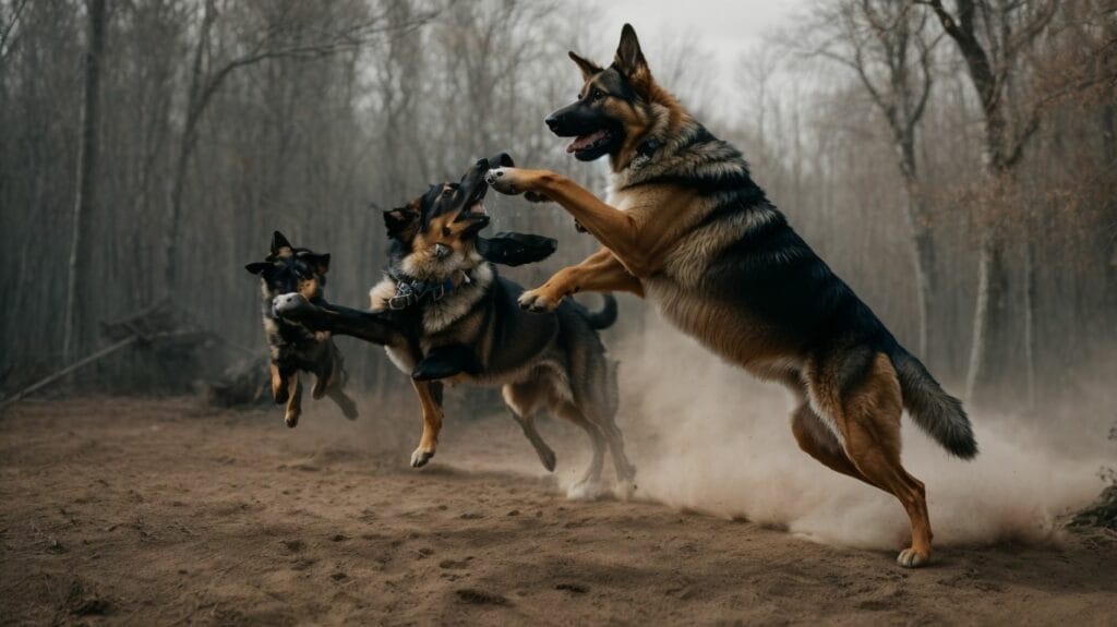 Three German Shepherds playing in the woods.