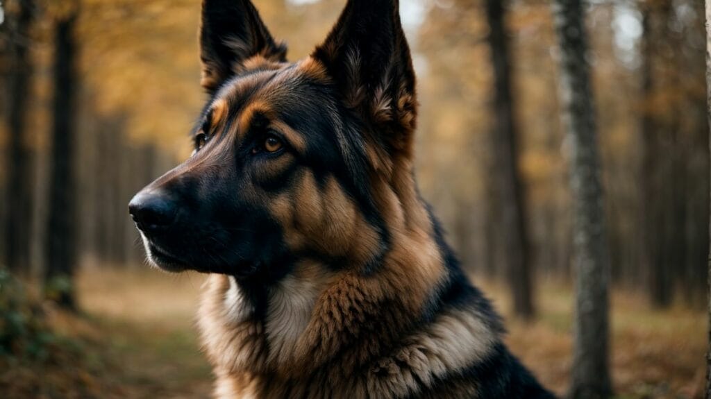 A German Shepherd, known for its loyal temperament, is sitting peacefully in the woods.