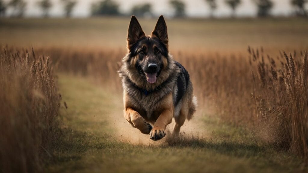 A German Shepherd running fast through a field.