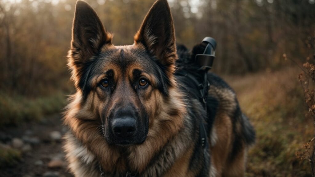 A German Shepherd dog, known for its intelligence and loyalty, is confidently walking through the serene woods.