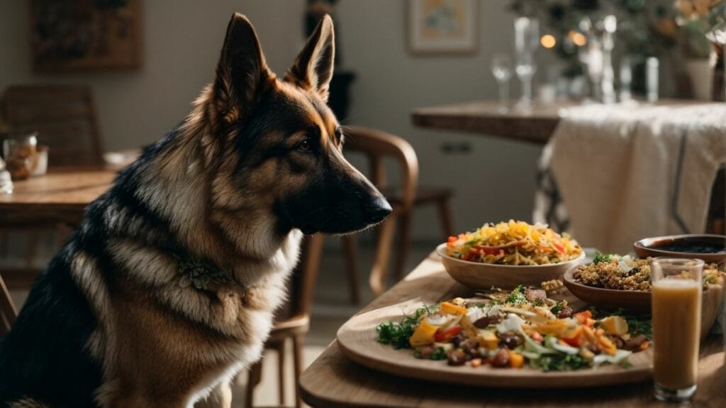 A German Shepherd eagerly eats from a plate of food.