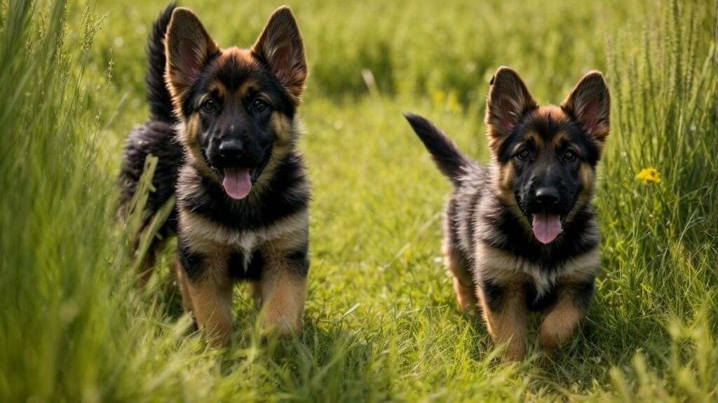 Two German Shepherd puppies running through tall grass.