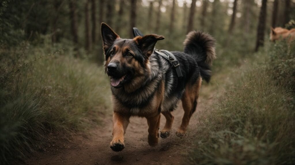A German Shepherd, known for their strong running abilities, joyfully bounding through the dense woods.