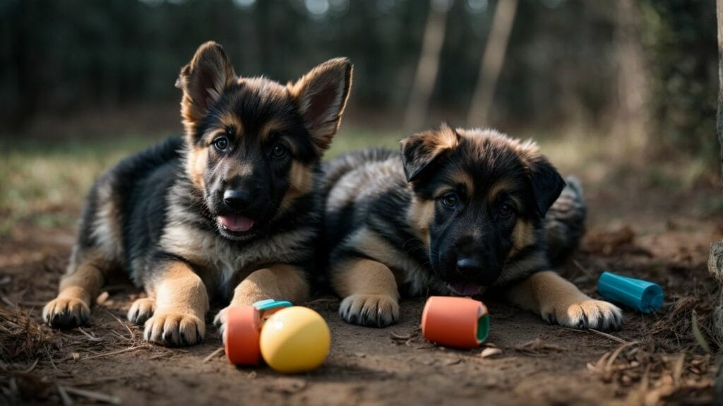 Two German Shepherd puppies playing with toys.