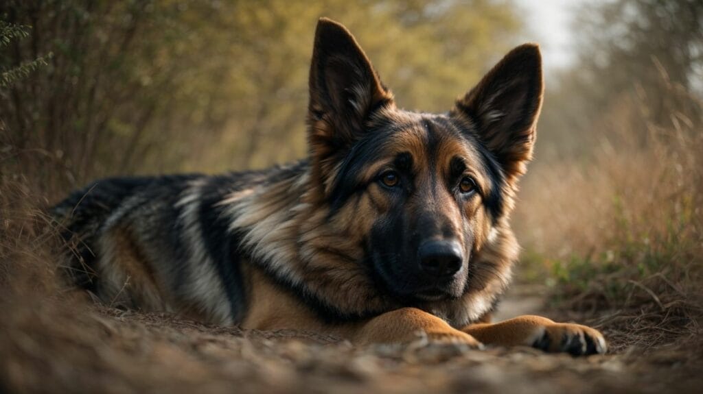 A calm German Shepherd dog laying on the ground.