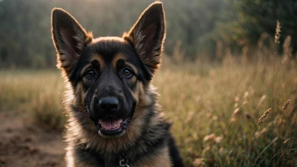 A German Shepherd dog is sitting in a field.
