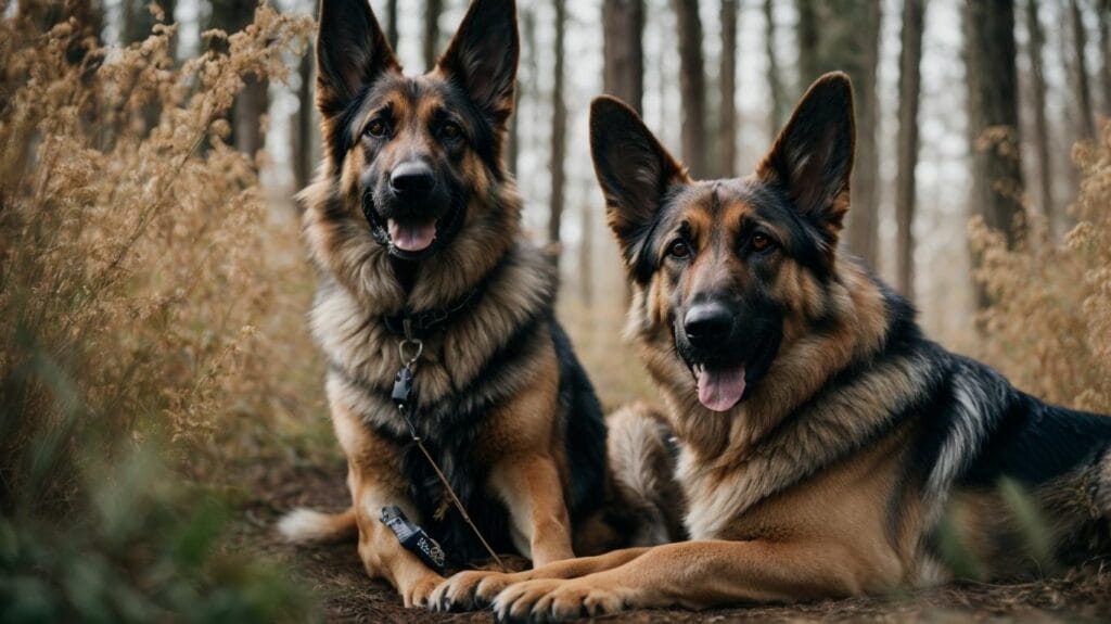 Two German Shepherd dogs enjoying a peaceful day in the woods.
