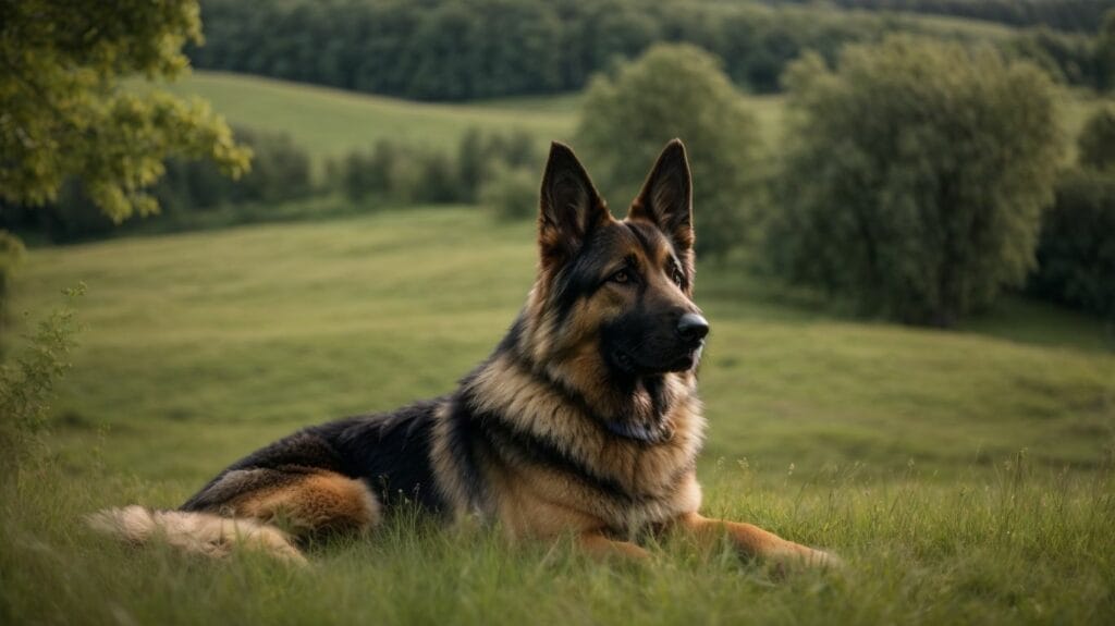 A German Shepherd dog, also called a German Shepherd, is laying in the grass.